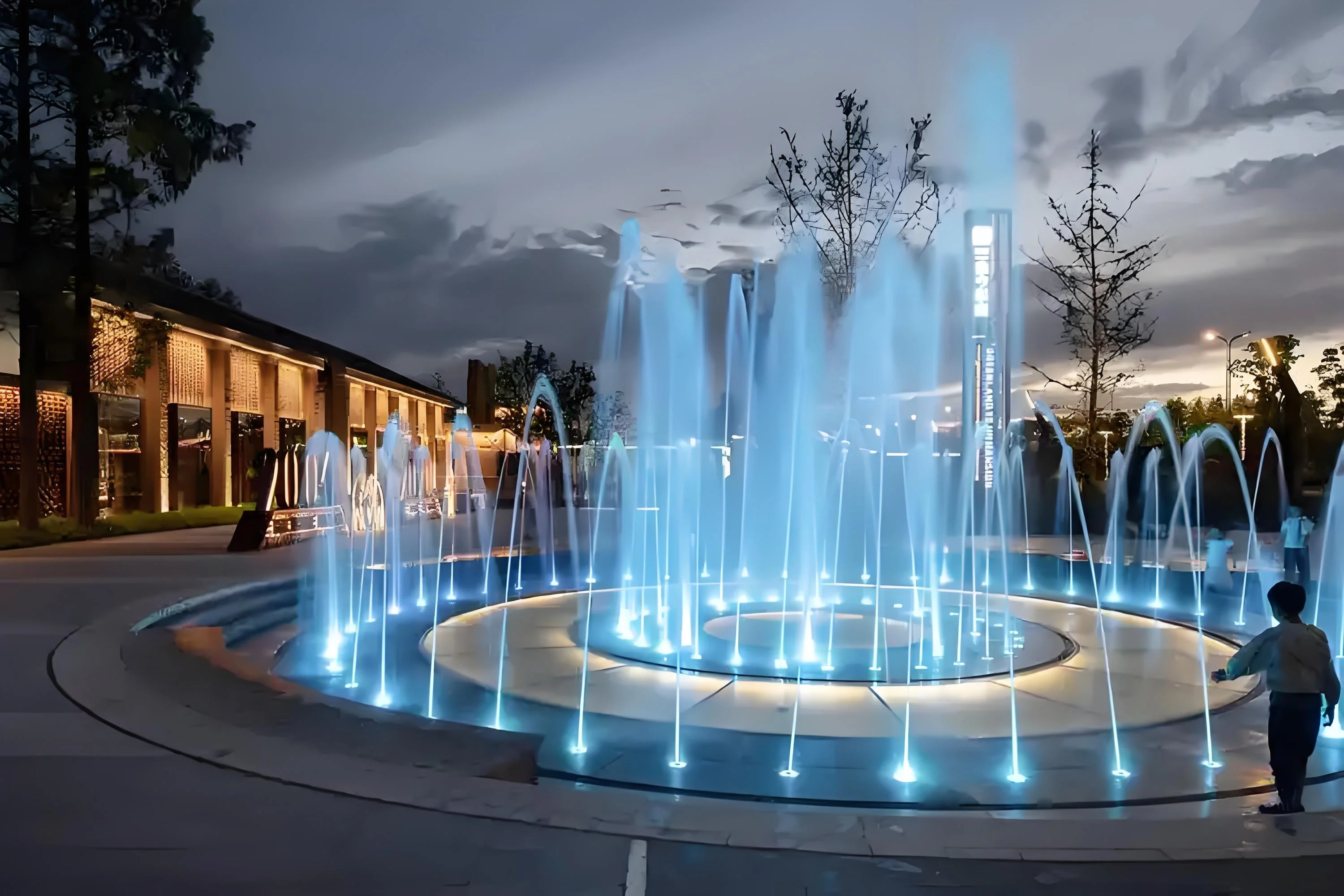 Level dry-deck fountain installation supported by Homedin Series B pedestals